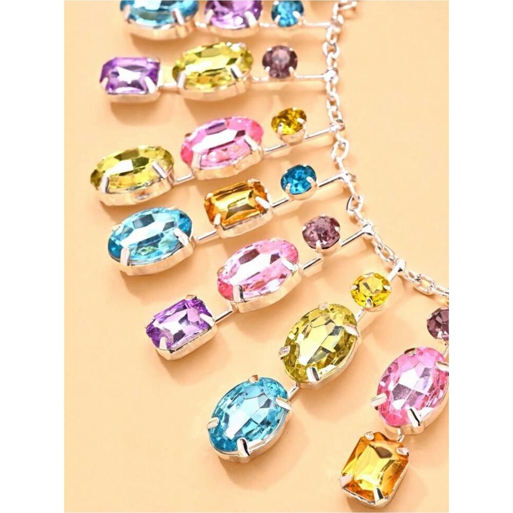 Multicolor Sterling Silver Crystal Teardrop Statement Necklace - Picture 2 of 3